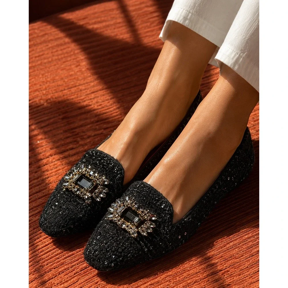 Kurt Geiger Loafers Women's Size 8 Black Good Crystal Buckle Tweed‎ Sparkle